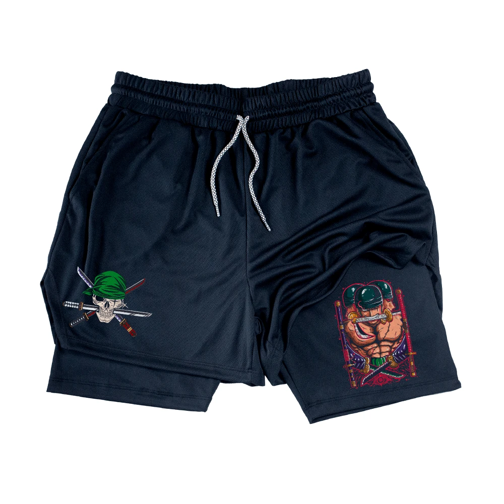 Men's Dry Fit 2 In 1 Compression Shorts One Anime Swordsman Zoro Skull Green Gym - màu đen - Xem 1
