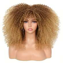 Women's Curly Wig, African Afro Kinky Curly Wig With Bangs, Synthetic Fiber, Long Fluffy Curly Hair, No Glue - Blonde Ombre - View 4