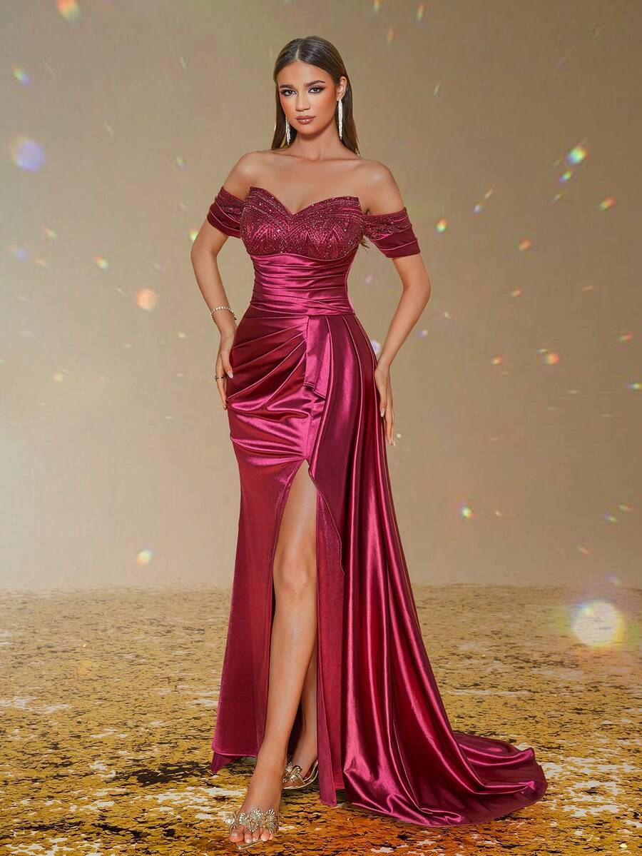 Smilprince 优雅露肩串珠缎面高开叉长晚礼服，女士晚会礼服，正式礼服，舞会礼服，适合婚礼嘉宾，毕业典礼，晚宴 - 酒紅色 - 查看 1