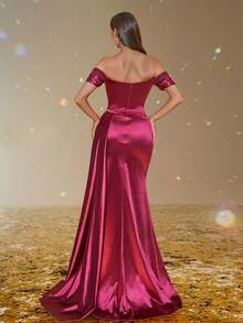 Smilprince 优雅露肩串珠缎面高开叉长晚礼服，女士晚会礼服，正式礼服，舞会礼服，适合婚礼嘉宾，毕业典礼，晚宴 - 酒紅色 - 查看 2
