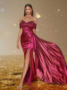 Smilprince 优雅露肩串珠缎面高开叉长晚礼服，女士晚会礼服，正式礼服，舞会礼服，适合婚礼嘉宾，毕业典礼，晚宴 - 酒紅色 - 查看 3