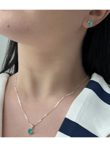 Green Tourmaline Necklace With Pendant And Women's Earring Point Of Light Heart 925 Silver - Bạc - Xem 7