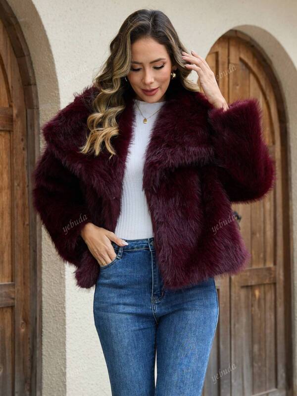 Abrigo de mujer efecto de piel de imitación de unicolor con solapa grande, resistente al frío, para el otoño y el invierno, promoción de invierno