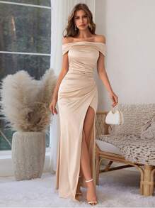 WOWDARK Champagne Off-Shoulder Pleated Slit Dress, Elegant Party Dress For Women, Suitable For Valentine's Day, Dates, Gatherings, Parties, Travel, Vacation, Beach And Other Occasions