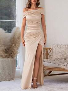 WOWDARK Champagne Off-Shoulder Pleated Slit Dress, Elegant Party Dress For Women, Suitable For Valentine's Day, Dates, Gatherings, Parties, Travel, Vacation, Beach And Other Occasions
