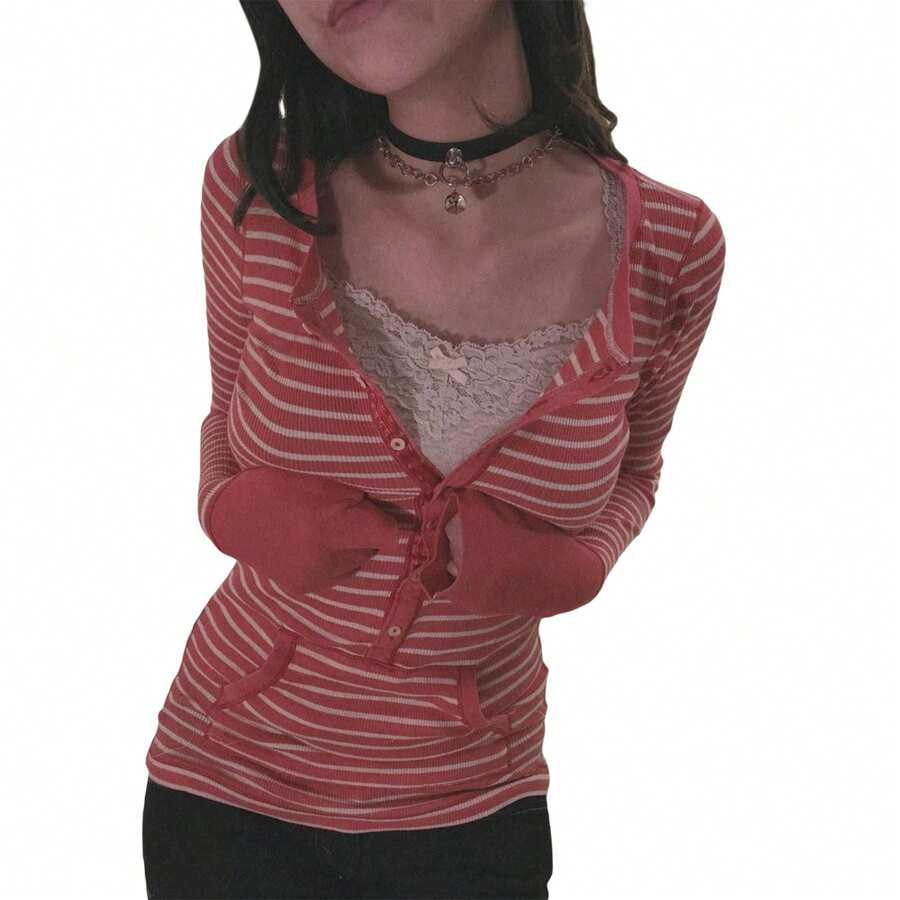 Long Sleeve Tops For Women Striped Button Up Tunic Shirts Loose Fit Sexy Henley Tee Blouses - 紅色 - 查看 1