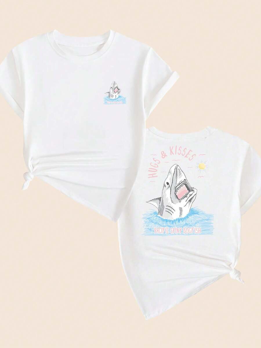 Cartoon T-Shirt Cotton Women's Blouse Printed T-Shirt Hugs & Kisses Shark Babylook Elegant Comfort Summer Sweet Sexy Sophisticated Versatile Hot Girl Tight Elegant Comfortable - 白色的 - 查看 1
