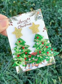 1 Pair Of European And American Christmas Jewelry Sweet Cartoon Design Bell Star Sequin Christmas Tree Acrylic Earrings Female Earrings