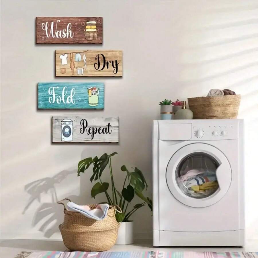 4pcs Wooden Laundry Room Rule Sign Set - Vintage Style Wash Dry Fold