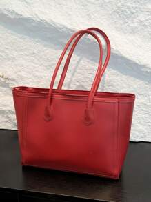 Túi Tote Đeo Vai Màu Trơn Cổ Điển Mới Có Thẻ Da Mạ Vàng Chữ Cái, Dây Đeo Bằng Kim Loại, Quai Đeo Đôi, Túi Tote Đeo Vai Thời Trang Thường Ngày Cho Nữ, Thích Hợp Cho Hàng Ngày Và Công Sở, Thu/Đông - Đỏ - Xem 4