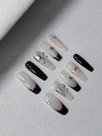 黑色长款棺材形手工指甲贴，Y2K风格，PS材质按压式指甲贴，美甲用品，美甲