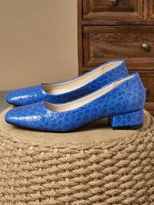1 Pair Women's Fashion Square Toe Low Vamp Leopard Print Pumps, Suitable For Holiday Travel, Shopping, Outdoor, Retro Casual Blue High-End Stylish Slip-On Shoes