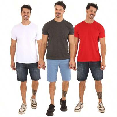Kit 3 camisetas Masculina Gola Redonda  Camisa Lisa Manga curta 100 % Algodão