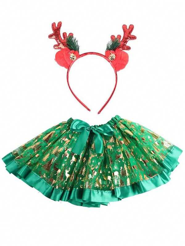 Fantasia de Fada de Natal - Vestido Pompadour Artesanal com Tiara de Chifres de Rena e Enfeites de Floco de Neve - Fantasia de Fada Casual de Tecido de Poliéster Adequada para Comemorações de Feriados, Baile de Formatura e Halloween