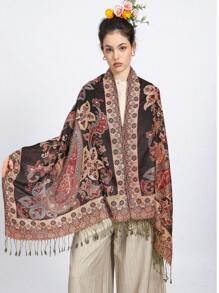 1 件银线彩色花卉提花围巾披肩，多功能双面，女士长款围巾/披肩，冬季礼物，户外旅行 - 黑色 - 查看 2