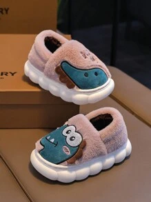 1 Pair Kids Dinosaur Indoor House Slippers, Boys Girls Toddlers Non-Slip Home Warm Plush Shoes - Coffee Brown - View 4