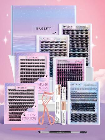 MAGEFY Professional Eyelash Combination Set With Gift Box,6 Boxes Of Cluster Eyelashes + 1pc Eyelash Curler + 1pc Tweezers + 1pc Eyelash Brush+1pc Eye Lash Glue,Thick Curling Fluffy Eyelashes For Party Use Manga Eyelashes,Makeup Tools For Travel Essentials,Gift For Women&Girls Lash Clusters Kit,Lashes,Eyelashes,Fake Lashes