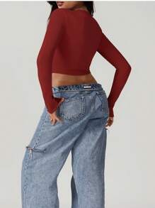 女士休闲时尚紧身运动T恤速干长袖瑜伽服普拉提跑步运动健身长袖上衣适合运动健身服秋冬 - 酒紅色 - 查看 4