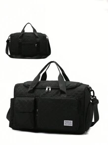 1件装女士新款多功能旅行包手提包单肩包托特包健身包过夜包，带鞋仓，可调节，轻便，拉链设计，适合户外、商务、学校、度假、送礼，纯色，时尚休闲，运动风，优雅绗缝设计，适合大学生、上班族、返校季、旅行，黑色 - 黑色 - 查看 2