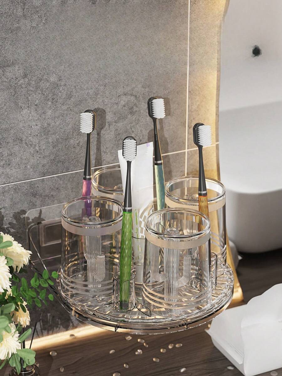 1 chiếc Giá để bàn chải đánh răng xoay được, chống bụi, chống thấm nước, không cần khoan, màu xám trong suốt, nhiều màu, chất liệu PET dày, thoát nước ngược, khô, bao gồm 4 cốc trong một bộ - Nhiều màu - Xem 1