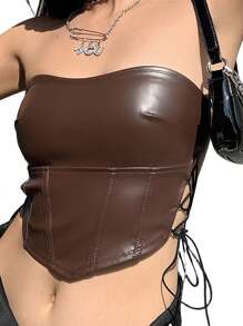 2022 Fashion  Women Sexy Off Shoulder Sleeveless Crop Tops Backless Solid Color PU Leather Tanks Vest Clubwear for Ladies - café - Ver 6