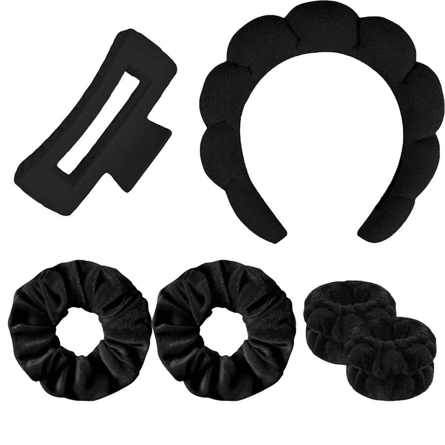 6 件时尚 Spa 头带套装 - 柔软、吸水、温和，适合面部清洁、化妆、护肤 - 舒适腕带设计，女士发饰 - 黑色 - 查看 1