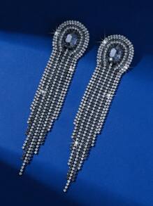 زوج من الأقراط الفاخرة الكبيرة المزينة بالكريستال الأسود ذات الطبقات المتعددة والماس، ديكور ألماس أبيض وأسود أنيق ملائم للحفلات الراقية والاستخدام اليومي