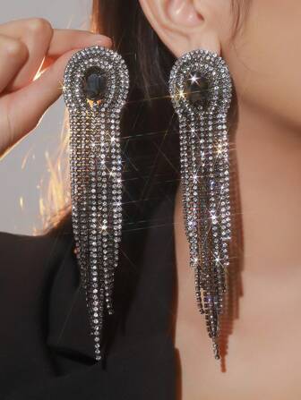 1 par de aretes con borlas de cristal negro de lujo, multicapa, con diamantes, decoración de diamantes blancos y negros, pendientes elegantes adecuados para galas y uso diario