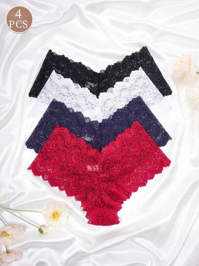4pcs/Pack Women's Sexy Lace Trim Hipster Panties