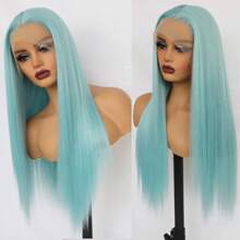 28Inch Rose Pink Synthetic Lace Front Wig 13x4 Long Straight Hot Pink Lace Front Synthetic Wig Pre Plucked Natural Hairline Glueless Heat Resistant Fiber Hair Wig For Fashion Women - 薄荷藍 - 查看 6