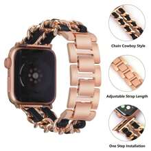 Dây đeo bằng da và kim loại tương thích với dây đeo Apple Watch 38/40/41/42/44/45/46/49mm, tương thích với Apple Watch Ultra/SE/Series 10/9/8/7/6/5/4/3/2/1 - da đen vàng hồng - Xem 3