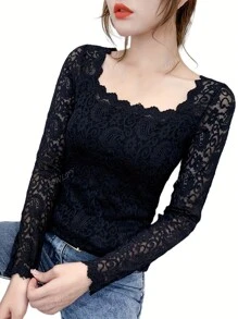 Blusa feminina de renda manga longa outono/inverno novo estilo chique slim fit sexy versátil gola quadrada
