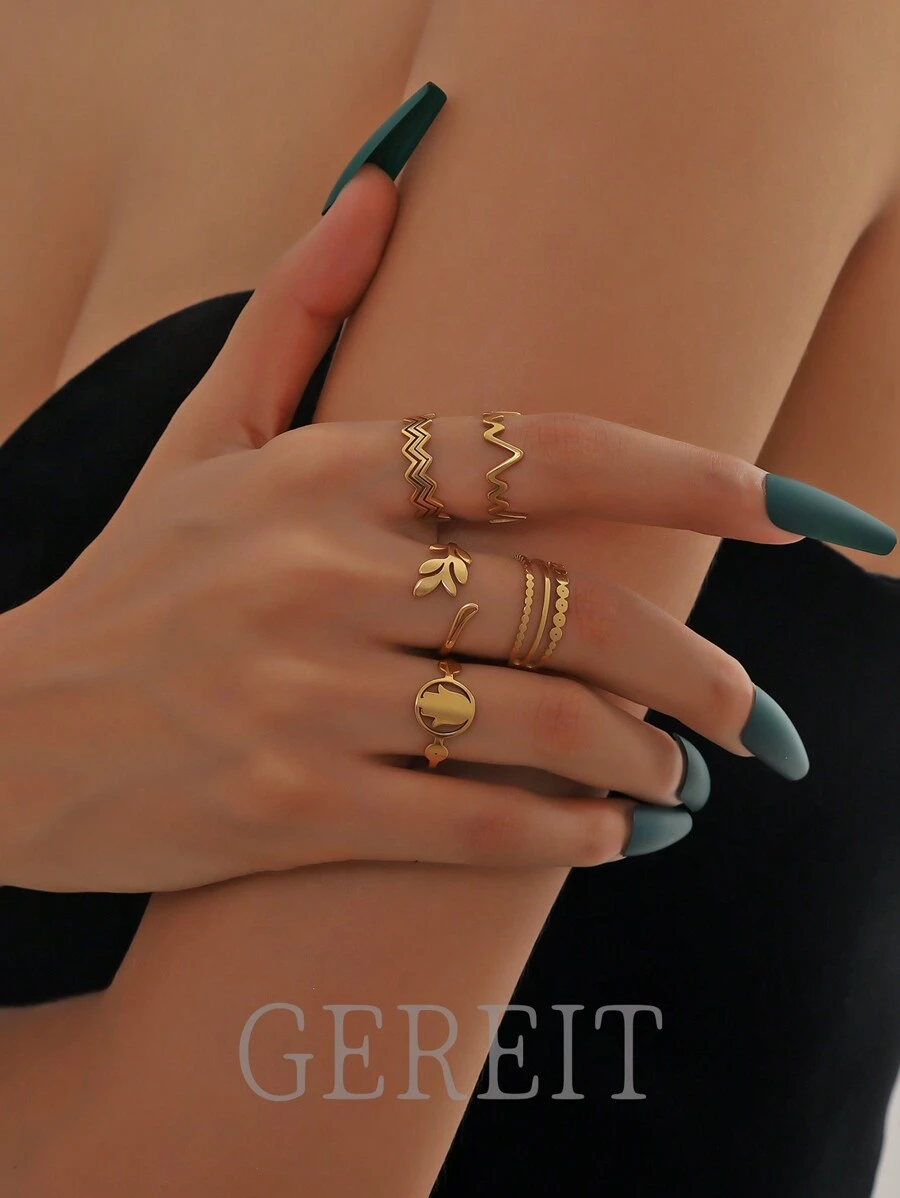 5pcs Set Vintage 18K Plated Multi-Layer Wavy Leaf & Palm Design Stainless Steel Rings, Suitable For Women's Daily Wear, Mother's Day Gift - Gold - View 1