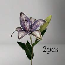 人造百合，19.7 英寸（2 头）人造花，有多种颜色可选，手工制作的花瓣，配有柔软的布料和塑料树枝，适合 DIY 插花，电影假花装饰，情人节装饰花，复古百合丝花人造花，家居装饰客厅卧室餐厅装饰 - 彩色 - 查看 8