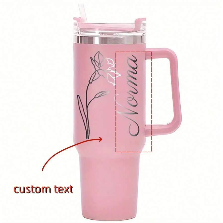 Customized Stainless Steel Insulated Tumbler With Handle And Straw, Personalized Engraved Travel Mug, Cute Sweet Pink Color Cup, Birthday Gift For Her, Best Friend Gift