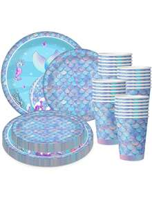 60 件/套美人鱼派对用品，一次性纸杯和盘子，7 英寸/9 英寸铝箔美人鱼鳞片设计，适用于生日派对、学校活动、野餐、宴会等场合 - 彩色 - 查看 8