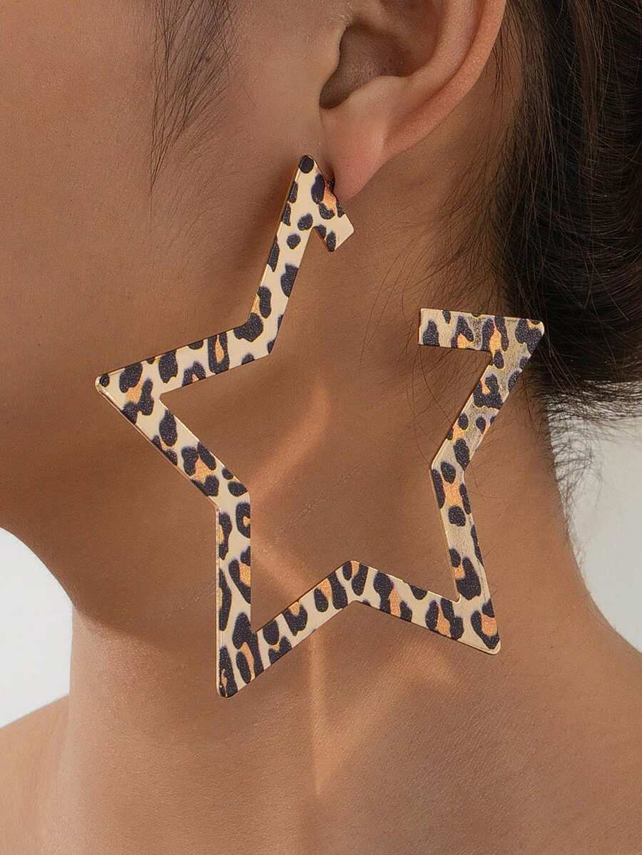 1 cặp hoa tai đính đá hình sao rỗng họa tiết da báo cổ điển thời trang, quà tặng trang sức dự tiệc cho phụ nữ - họa tiết da báo màu nâu - Xem 1