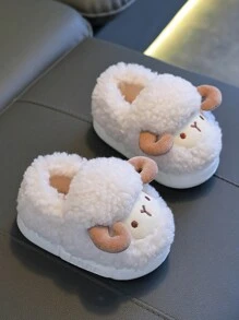 1 双可爱 3D 绵羊设计儿童拖鞋，毛绒卡通男童家居鞋，冬季 - 白色 - 查看 2