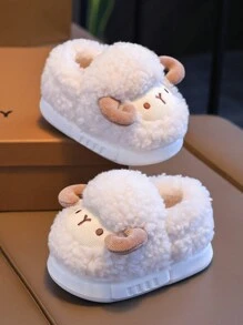 1 双可爱 3D 绵羊设计儿童拖鞋，毛绒卡通男童家居鞋，冬季 - 白色 - 查看 4