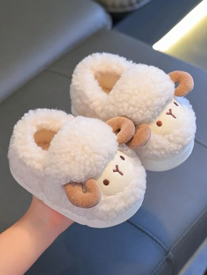 1 双可爱 3D 绵羊设计儿童拖鞋，毛绒卡通男童家居鞋，冬季