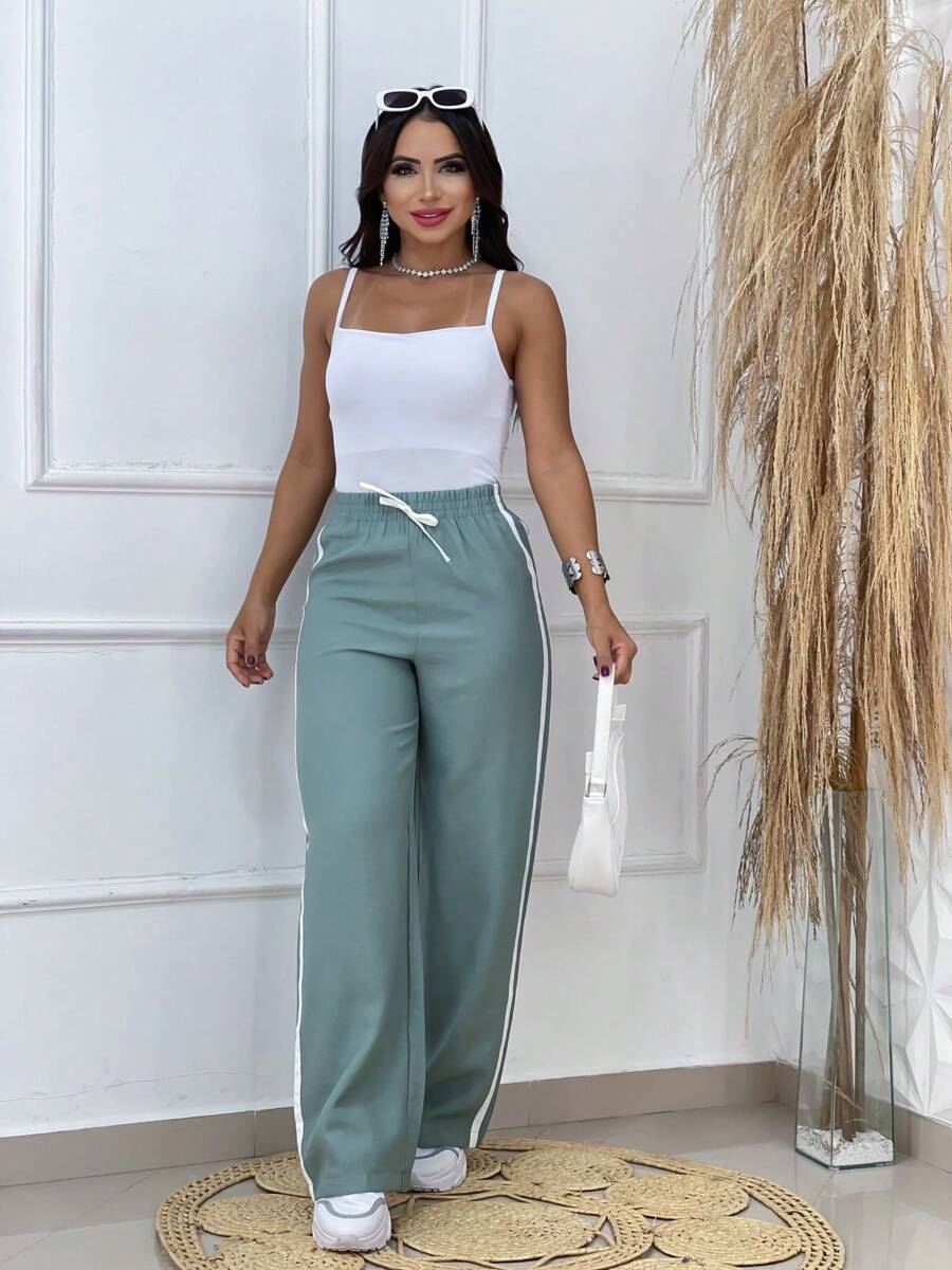 Striped Palazzo Pants - Mint Green - View 1