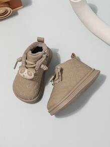 Kleinkind Lässig flache Plüsch gefütterte Stiefel, Baby warme Knöchelstiefel mit Pandaanhänger, bestickertes Design, geeignet für Herbst & Winter