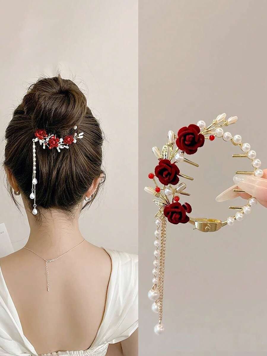 1 kẹp tóc tua rua hoa hồng bằng hợp kim kẽm, mũ đội đầu bằng ngọc trai giả, thích hợp để đeo hàng ngày và dự tiệc - Nhiều màu - Xem 1