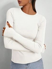 Women's Casual Top Spring Fall Long Sleeve Crew Neck Elastic Slim Fit Simple Basic Y2K Outing Shirt Clothes - White - View 2