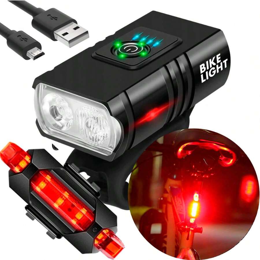 Bike Headlight Kit 2 Led Cree T6 Usb With Meter + Rear Signal For Rechargeable Bike - 黑色 - 查看 1
