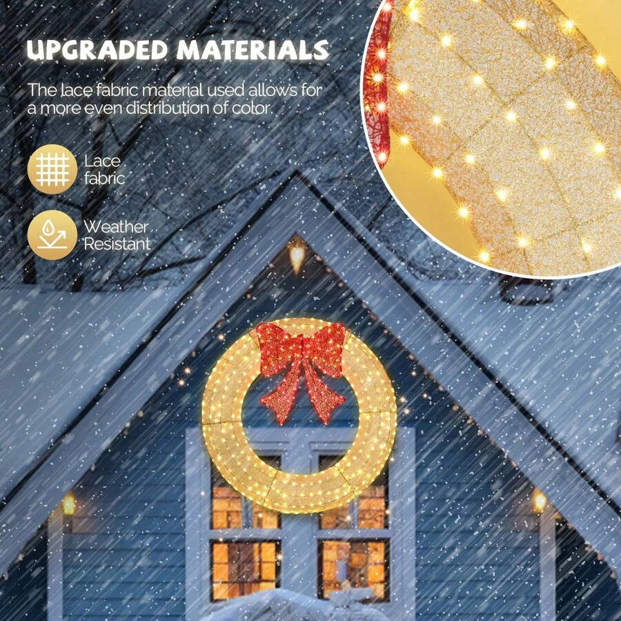 48in Pre-Lit Outdoor Wreath Decoration, LED Metal Holiday Decor For Home Exterior, Garden W/ 315 Lights - Gold - View 1