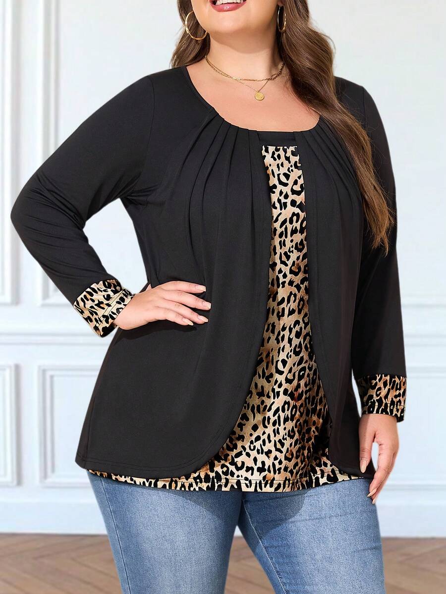T-shirt à manches longues avec imprimé léopard, modèle superposé avec plis à l'avant, grande taille. - Noir - Voir 1
