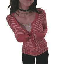 Long Sleeve Tops For Women Striped Button Up Tunic Shirts Loose Fit Sexy Henley Tee Blouses - 紅色 - 查看 2