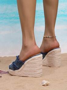 Giày sandal đế xuồng Grass Braid, giày quai đế dày, phù hợp cho thanh thiếu niên, tiệc tùng, đám cưới, mặc hàng ngày và đi nghỉ - Màu xanh lam - Xem 4