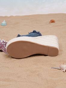 Giày sandal đế xuồng Grass Braid, giày quai đế dày, phù hợp cho thanh thiếu niên, tiệc tùng, đám cưới, mặc hàng ngày và đi nghỉ - Màu xanh lam - Xem 9